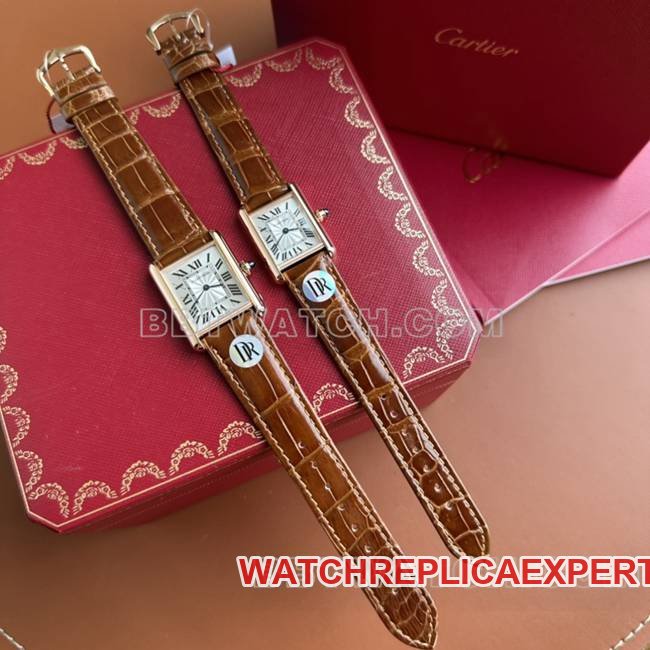 Cartier Super Clone Watch DR Factory Tank Silver Grey Dial Rose Gold Case Quartz Brown Strap