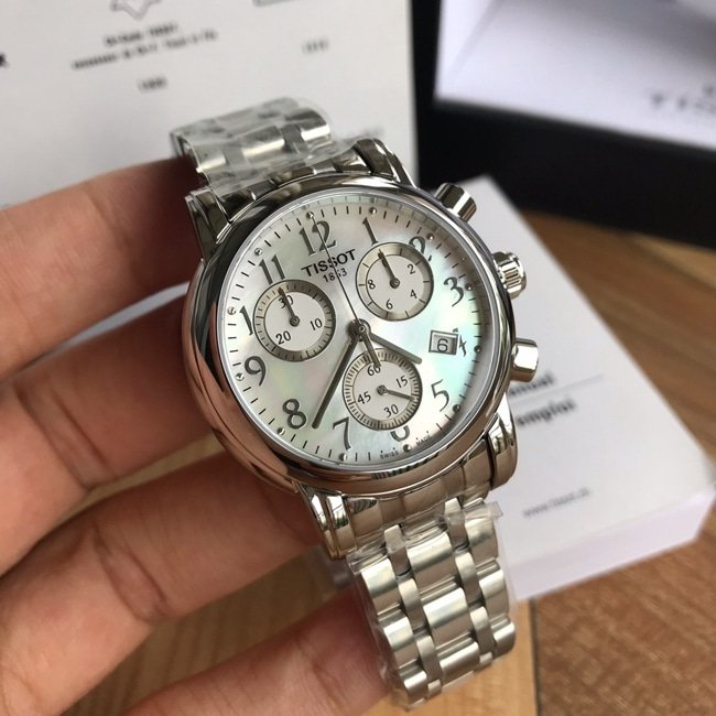 Elegant Tissot Classic Rhythm Collection Ladies Steel Strap Chronograph Watch with Black Dial