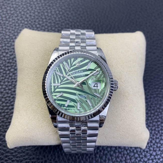 2021 Top Replica Watches Rolex Logbook Series 36mm Olive Green Jungle Palm Leaf Patterned Disc Watch Wonderful Details