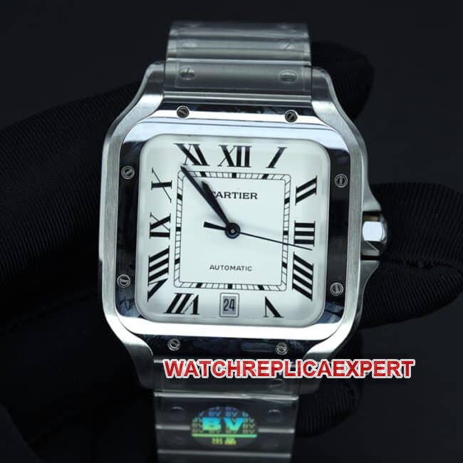 Cartier Santos Men's Top Clone Watch in Silver White Dial with Steel Bracelet, BV Factory Model WSSA0018, 316 Case Material