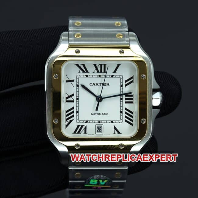 BV Factory Cartier Santos W2SA0009 Men's 1:1 Replica – White Dial, Gold Bezel, Steel Bracelet, 316 Case