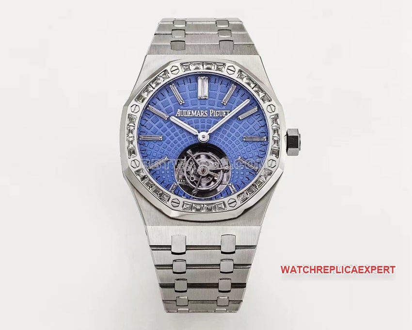 Audemars Piguet Royal Oak 1:1 Super A réplica azul “Evolutive Tapisserie” mostrador xadrez moldura de diamante relógio mecânico turbilhão 26535PT — detailed review and buying guide | Watch Replica Expert