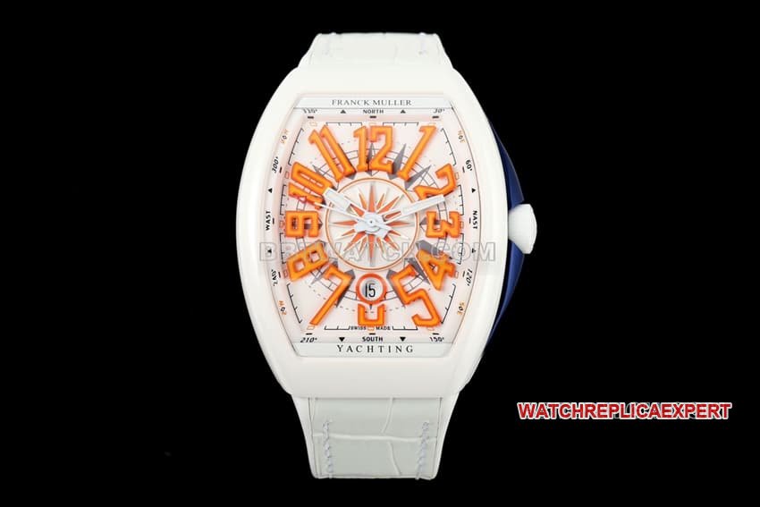 T + plus Factory Franck Muller V45 top one-to-one imitação fina mostrador branco relógio mecânico laranja, caixa de cerâmica de 45 mm — luxury replica watch guide | Watch Replica Expert