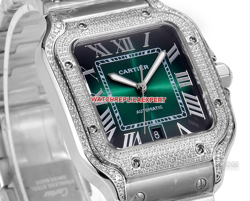THB factory Cartier Santos 1:1 super clone blue green dialdiamond bezelsteel bracelet model side live photo