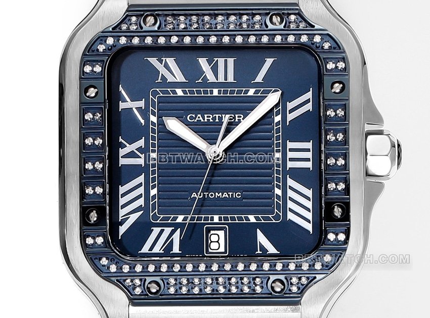 THB Factory Cartier Santos 1:1 Super A Replica Blue and White Dial Diamond Bezel Steel Strap Front Real Shot Photo