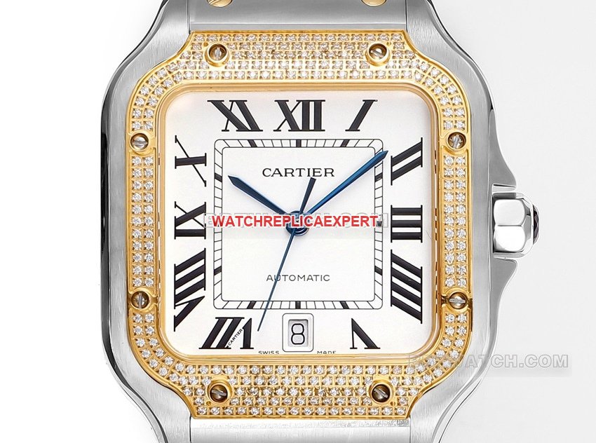 THB factory Cartier Santos super clonewhite dialyellow golddiamond bezelsteel bracelet front live photo