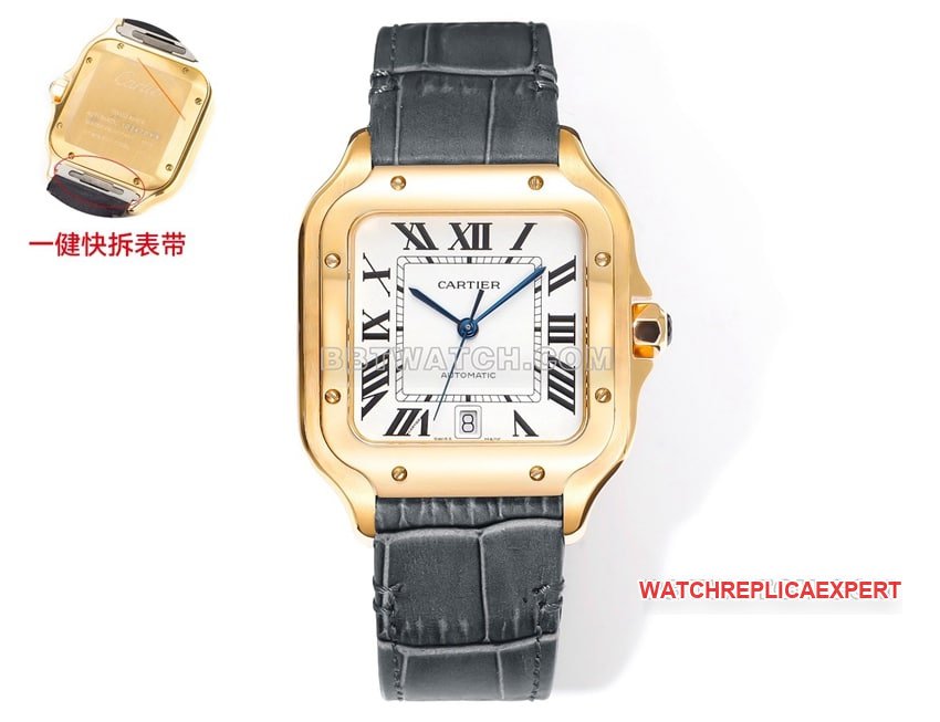 THB Factory Cartier Santos Series Top 1:1 Réplica Placa Branca Ouro Pulseira de Couro Mecânica Relógio Cartier — luxury replica watch guide | Watch Replica Expert