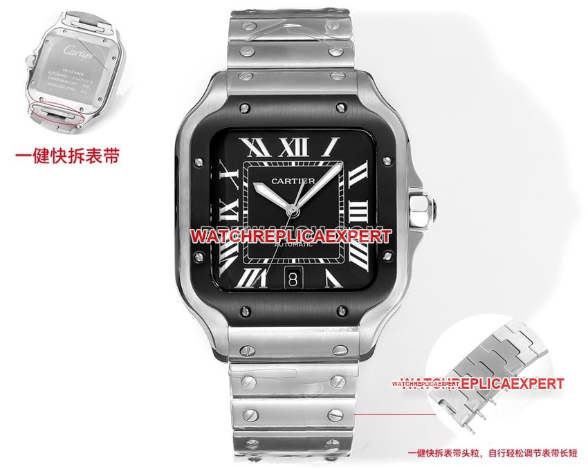 Cartier THB Factory Cartier Santos 1:1 Super A Fine Imitação Preto e Cinza Mostrador Relógio de aço inoxidável 316L com pulseira de liberação rápida — luxury replica watch guide | Watch Replica Expert