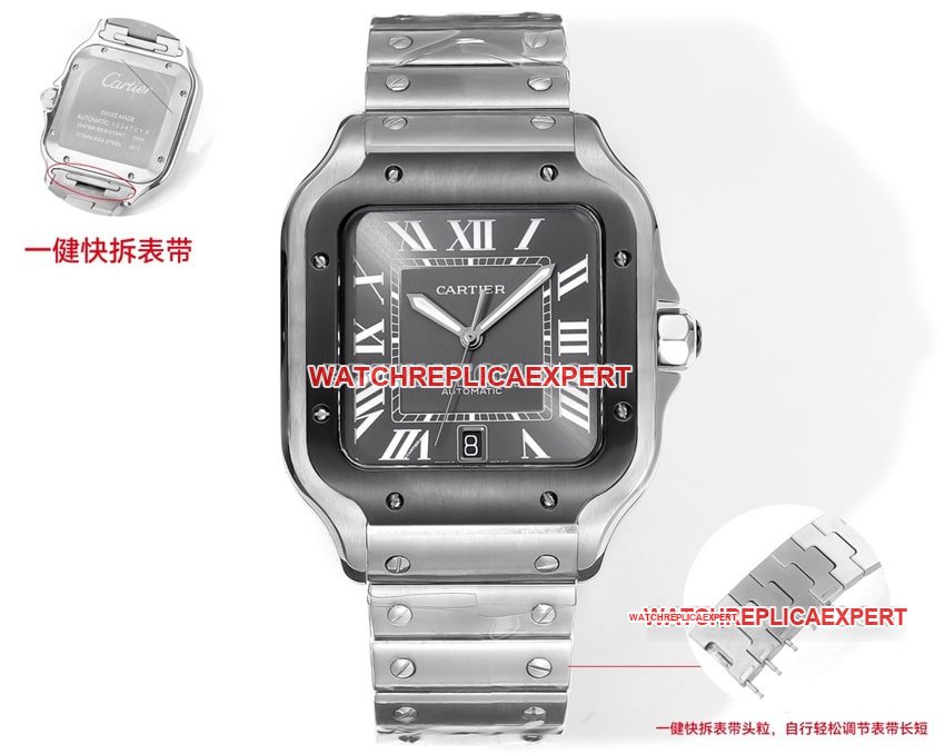 THB factory Cartier Santos 1:1 super clone black and gray plate steel bracelet model front live photo
