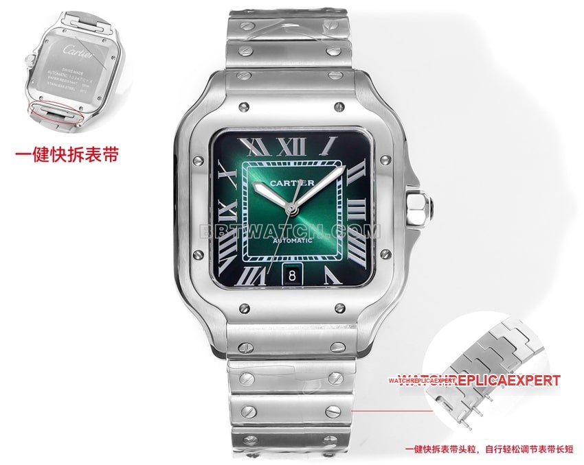 THB Factory Cartier Santos Super A super clone Mostrador azul e verde Pulseira de aço mecânico de liberação rápida — luxury replica watch guide | Watch Replica Expert