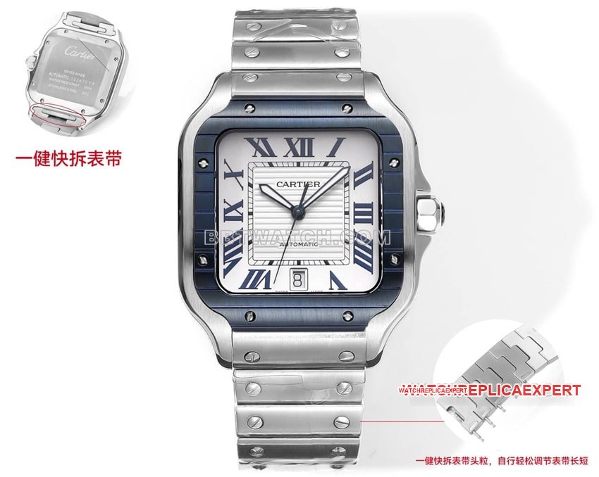 THB Factory Cartier Santos Top 1:1 Replica Blue/White Dial Steel Band Front Real Photo