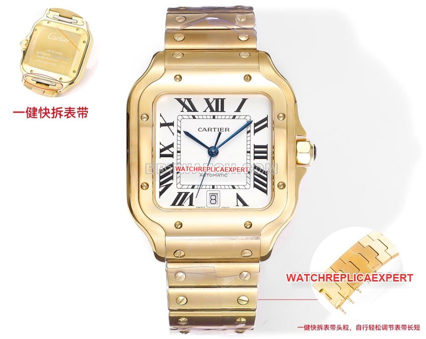 THB Factory Cartier Santos Réplica de alta qualidade com mostrador branco e pulseira de aço mecânico dourado — luxury replica watch guide | Watch Replica Expert
