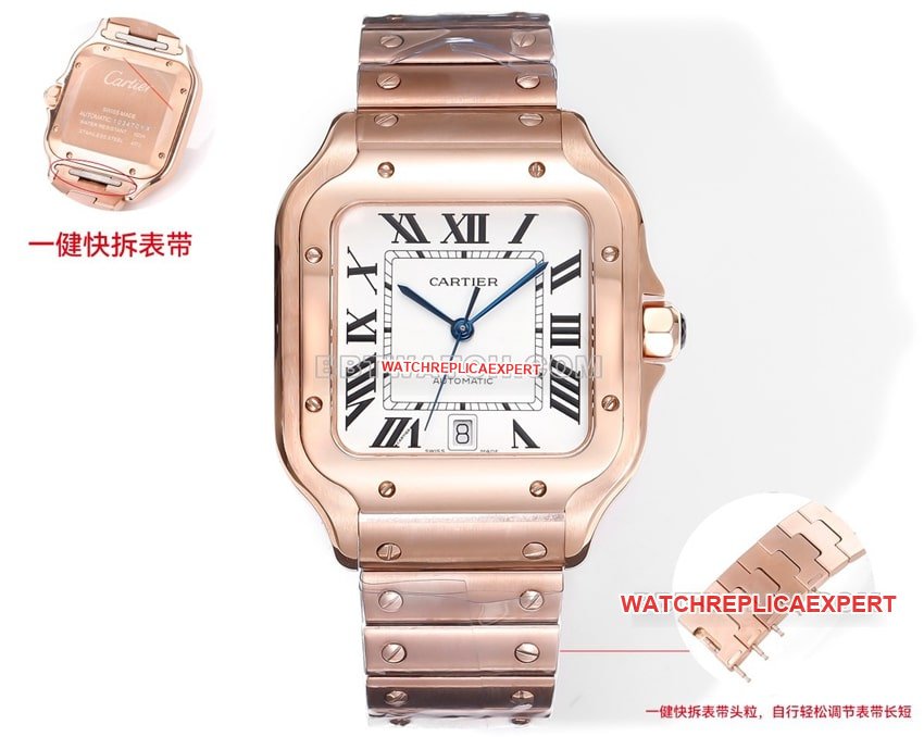 Cartier THB Factory Cartier Santos 1:1 Super Clone Mostrador Branco Ouro Rosa Pulseira de Aço Mecânica Versão de Liberação Rápida — luxury replica watch guide | Watch Replica Expert