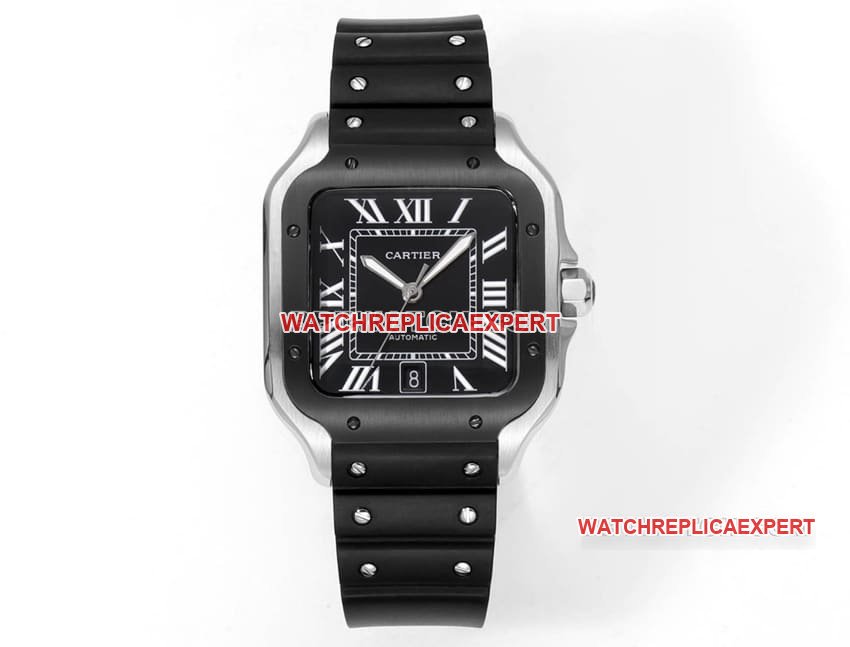 Cartier THB Factory Santos Super A Original Molde Aberto Mostrador Preto Pulseira de Borracha Mecânica Cartier — luxury replica watch guide | Watch Replica Expert