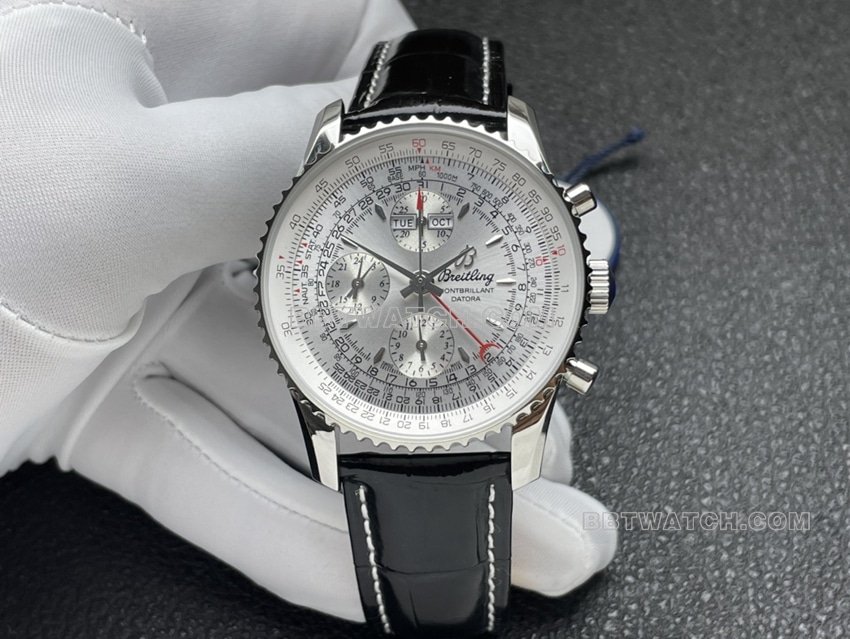 BLS factory Breitling aviation chronographtop-tier 1:1high-quality replicasilver dial perpetual calendar leather strap model front live photo