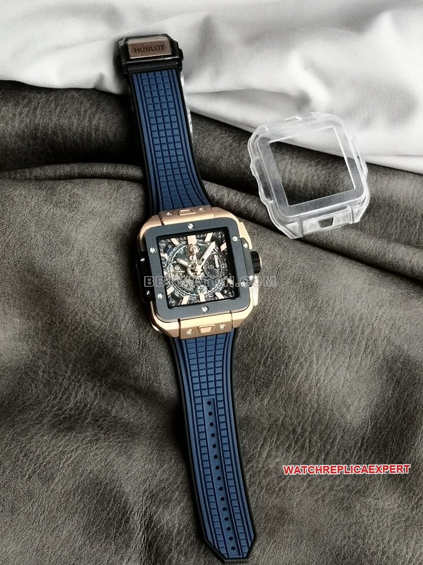 Hublot BBF fábrica de alta qualidade 1:1 réplica QUADRADO BANG UNICO azul cerâmica moldura esqueleto mostrador 18K King Gold relógio mecânico 821.OL.5180.RX — luxury replica watch guide | Watch Replica Expert