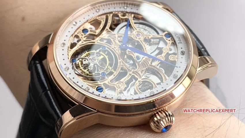 PPLPatek Philippe1:1super clonerose gold hollow plate tourbillonleather strap model front live photo