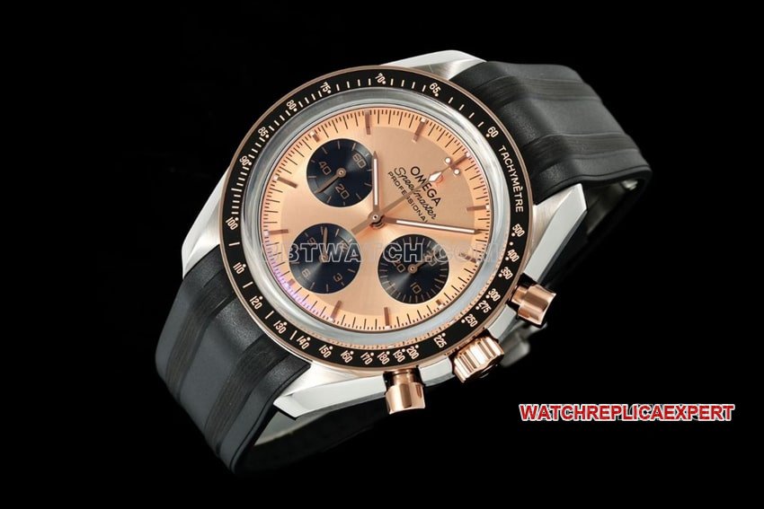 Omega Speedmaster top 1:1 imitation pink gold plate rubber models 310.20.42.50.99.001 front real picture