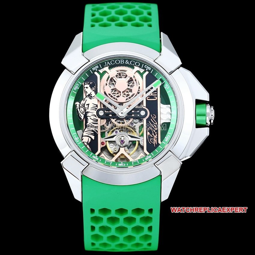 TW Factory Jacob & Co Checa Leopard X43 CR7 Conjunto de relógio super clone de borracha verde personalizado — luxury replica watch guide | Watch Replica Expert