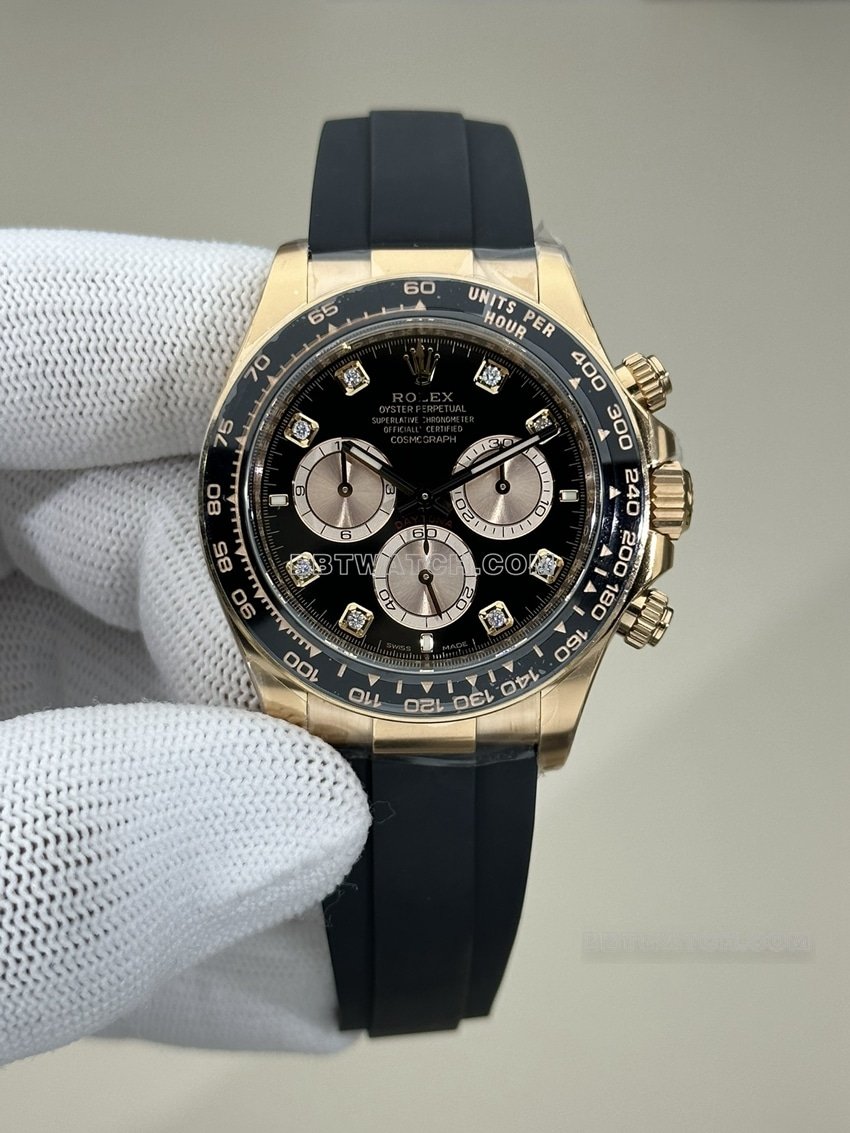 Clean Rolex Daytona Super A Super Clone 126515 Reloj mecánico de caucho con esfera negra y oro rosa — detailed review and buying guide | Watch Replica Expert
