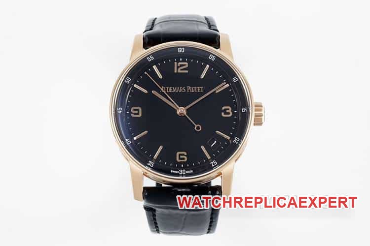 Audemars Piguet APS 1:1 Super A Réplica Mostrador Preto Caixa em Ouro Rosa Pulseira de Couro Mecânica Modelo 15210 — luxury replica watch guide | Watch Replica Expert