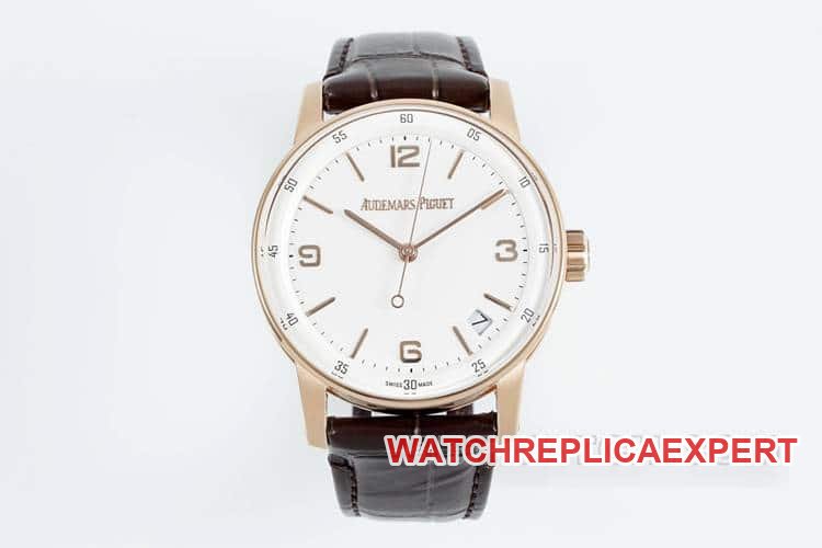 Audemars Piguet Código APS 1:1 Super A Réplica Mostrador Branco Caixa em Ouro Rosa Pulseira de Couro Mecânica Modelo 15210 — luxury replica watch guide | Watch Replica Expert