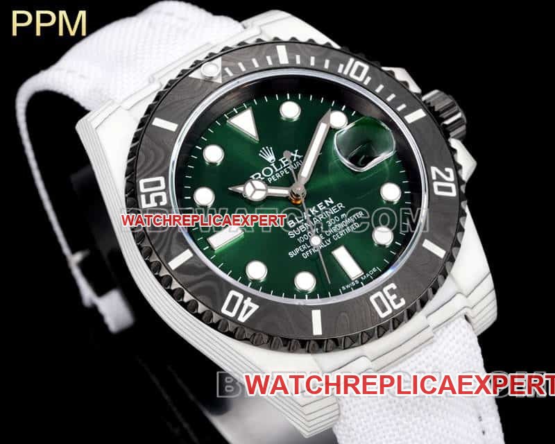 PPM factory RolexSubmariner1:1super clonegreen dial carbon fiber 3135 white leather strap front live photo