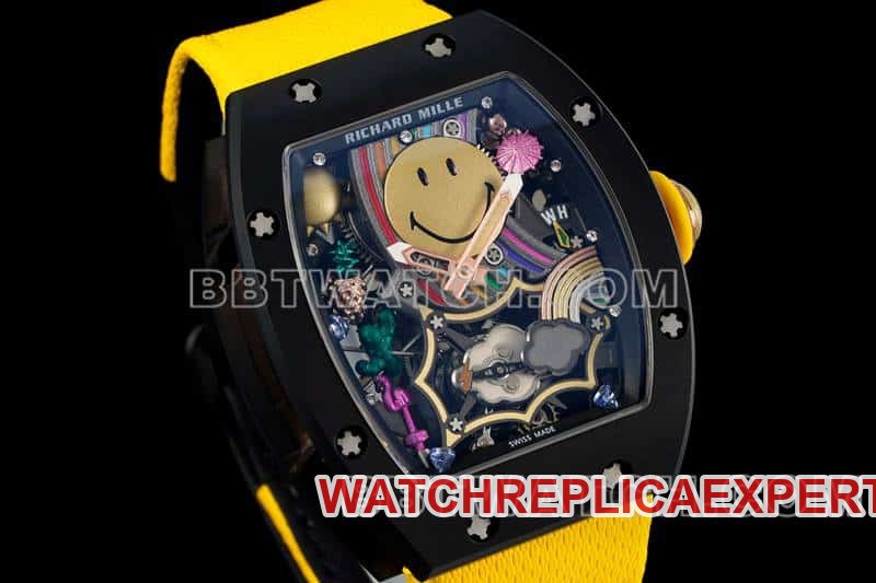 Richard Mille men's 1:1 top-tier replica smiley tourbillon black shell yellow leather strap model RM 88front live photo