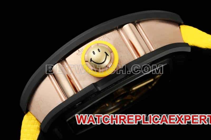 Richard Mille men's 1:1 top-tier replica smiley tourbillon black shell yellow leather strap model RM 88side live photo