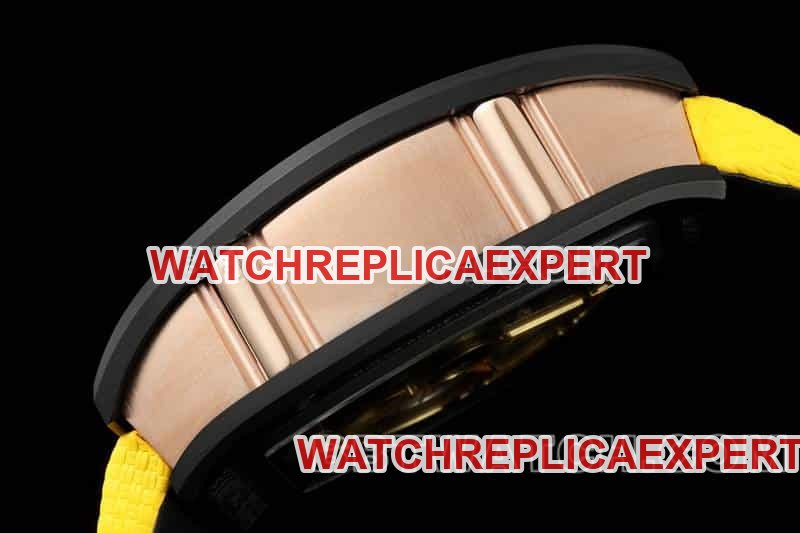 Richard Mille men's 1:1 top-tier replica smiley tourbillon black shell yellow leather strap model RM 88side live photo