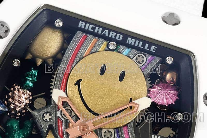 Richard Mille Men's Top Replica Smiley Tourbillon White Case White Belt Model RM 88 Front Actual Photo