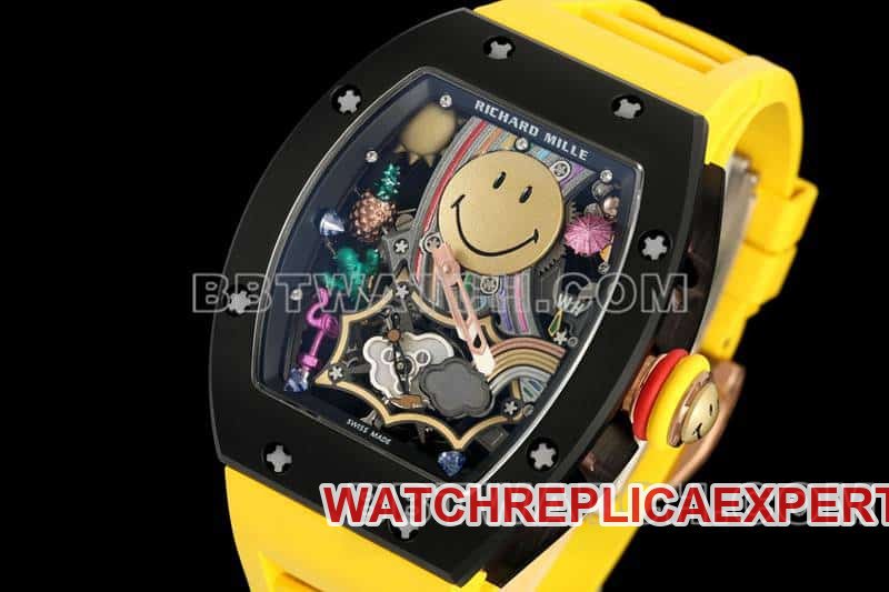 Richard Mille men's 1:1 super clone smiling face tourbillon black shell yellow rubber model RM 88front live photo