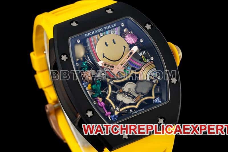 Richard Mille men's 1:1 super clone smiling face tourbillon black shell yellow rubber model RM 88front live photo