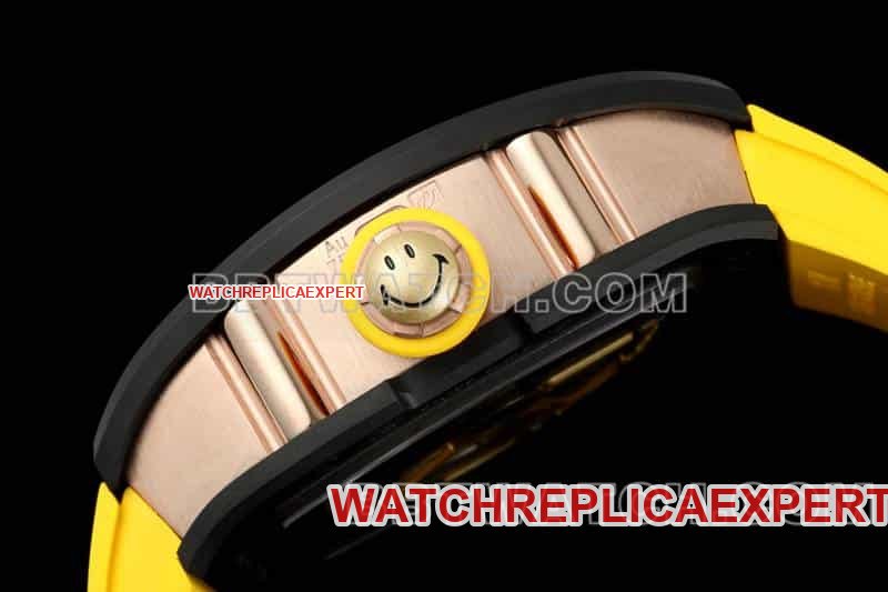 Richard Mille men's 1:1 super clone smiley tourbillon black shell yellow rubber RM 88side live photo