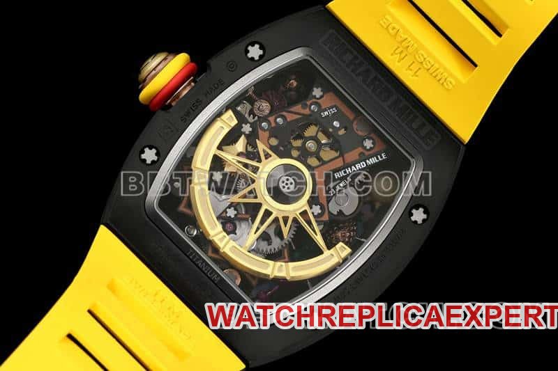 Richard Mille men's 1:1 super clone smiley tourbillon black shell yellow rubber RM 88caseback live photo