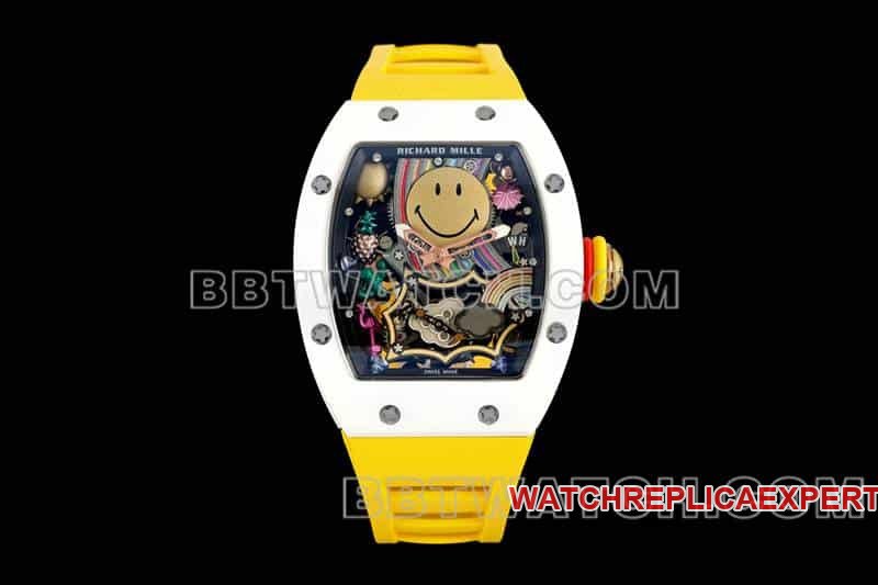 Masculino Super A super clone Smiley Tourbillon Caixa Branca Mecânica Borracha Amarela Richard Mille RM 88 — detailed review and buying guide | Watch Replica Expert