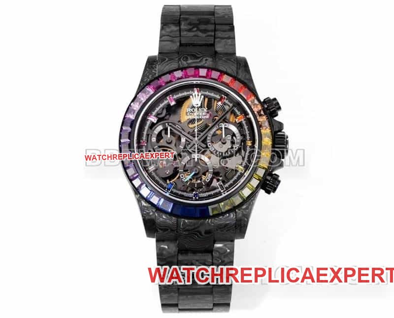 Rolex TW Factory Rolex Rolex Daytona uno a uno súper Un reloj mecánico con esfera esquelética de fibra de carbono de imitación fina y bisel de diamantes — luxury replica watch guide | Watch Replica Expert