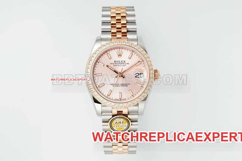 Rolex ARF 31mm Datejust Super Clone avec cadran or rose et lunette diamant, mouvement 2688, bracelet cinq mailles — luxury replica watch guide | Watch Replica Expert
