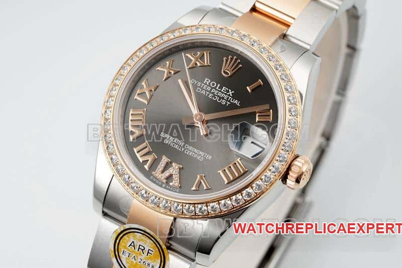 ARF FactoryRolex log top-tier 1:1super clone cadran gris foncé lunette diamants 31mm or chaîne trois maillons 278381 photo en direct avant