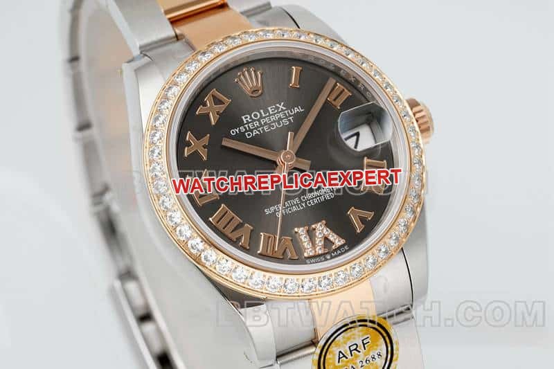 ARF FactoryRolex log top-tier 1:1super clone cadran gris foncé lunette diamants 31mm or chaîne trois maillons 278381 photo en direct avant
