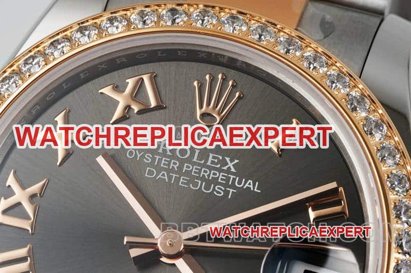 ARF FactoryRolex log top-tier 1:1super clone cadran gris foncé lunette diamants 31mm or chaîne trois maillons 278381 photo en direct avant