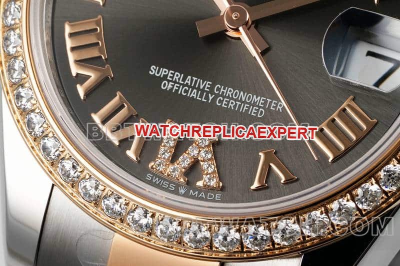 ARF FactoryRolex log top-tier 1:1super clone cadran gris foncé lunette diamants 31mm or chaîne trois maillons 278381 photo en direct avant