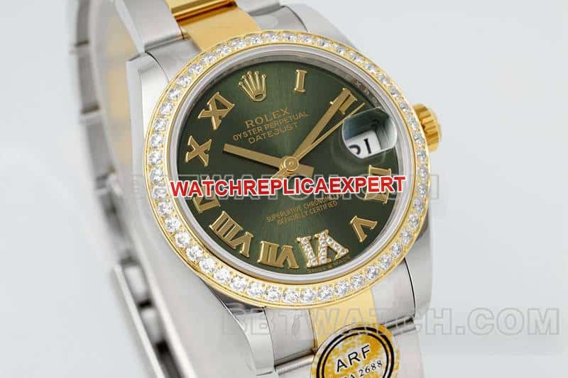 ARF FactoryRolex log 1:1super clonegreen dialdiamond bezel31mm gold three grid link 278383front live photo