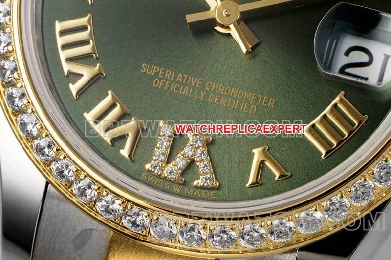 ARF FactoryRolex log 1:1super clonegreen dialdiamond bezel31mm gold three grid link 278383front live photo