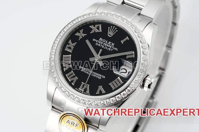 ARF FactoryRolex log super cloneblack dial Roman numerals diamond bezel31mm three grid link 278289front live photo