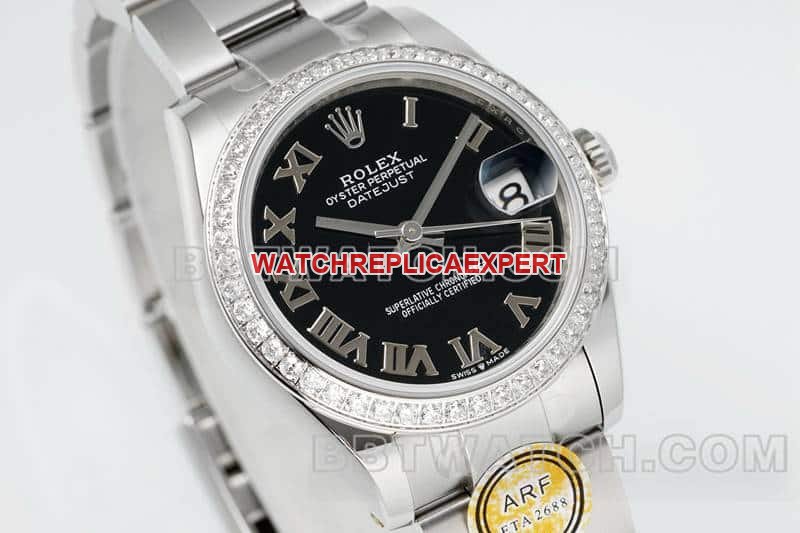 ARF FactoryRolex log super cloneblack dial Roman numerals diamond bezel31mm three grid link 278289front live photo