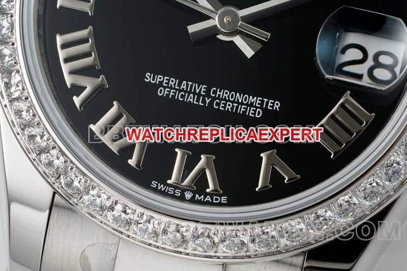 ARF FactoryRolex log super cloneblack dial Roman numerals diamond bezel31mm three grid link 278289front live photo
