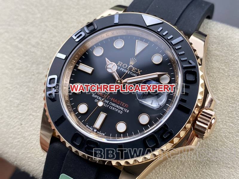 Rolex Yacht-Master 42 mm com mostrador preto, caixa em ouro rosa, pulseira de borracha mecânica ARF — luxury replica watch guide | Watch Replica Expert