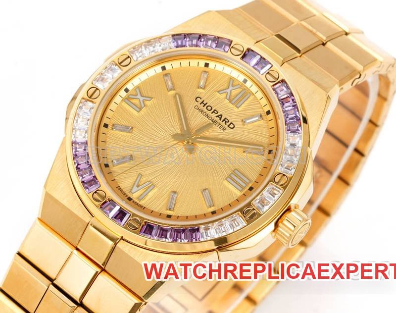 Chopard top replica watches GH factory snow mountain proud wing gold plate purple gem diamond ring gold steel belt models front actual photo