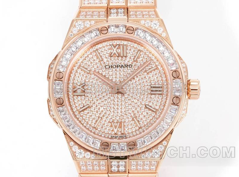 Chopard's best replica watch GH factory Xueshan Aoyi 41mm pavé diamond rose goldsteel bracelet model front live photo